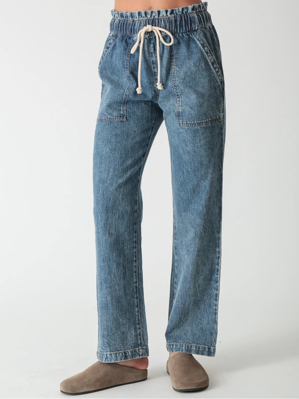 Relaxed Drawstring Blue Denim Jeans